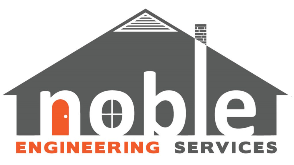 Gray house with orange door and "noble ENGINEERING SERVICES" text.